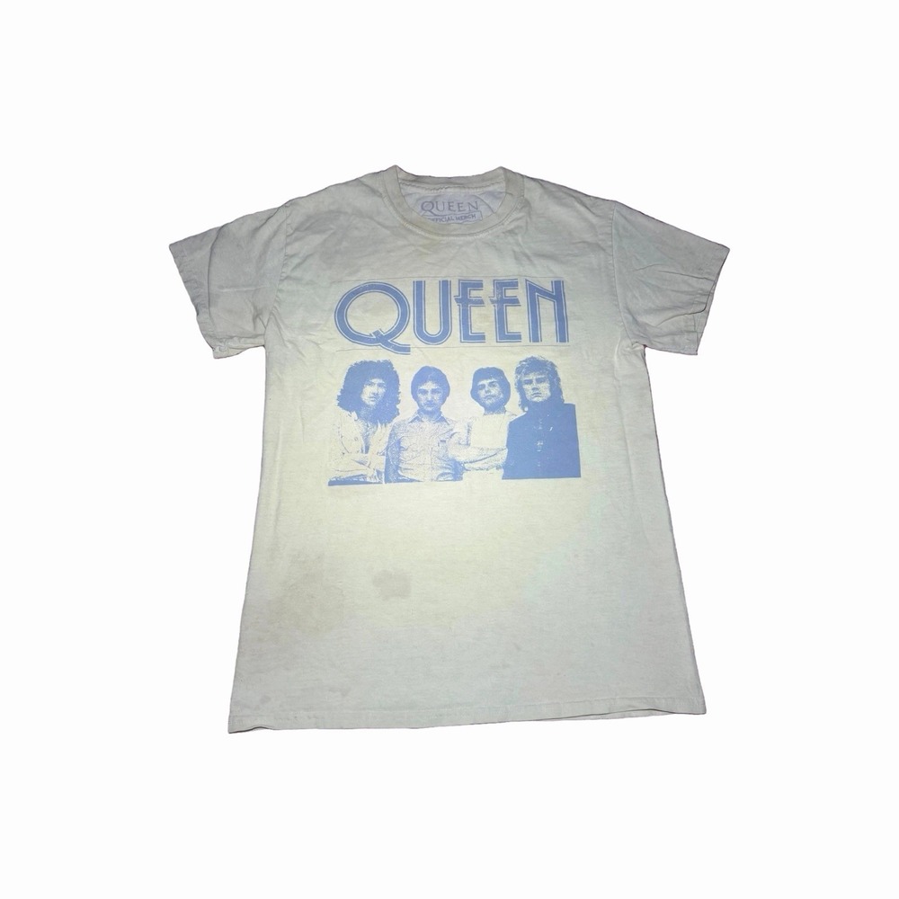 Queen Official Merch Original White T-Shirt Blue Graphic, Size S